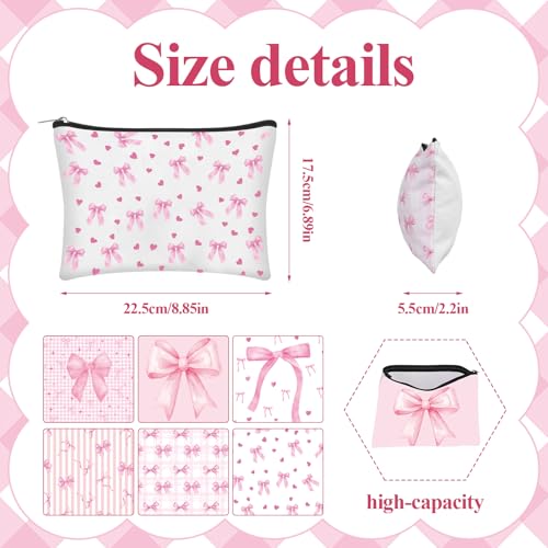 6 Set Pink Coquette Bow Gifts Include 6 Pink Bow Makeup Bags 6 Hair Scrunchies for Women Girls Preppy Cosmetic Bag Preppy Pouch Zipper Gift for Wedding Baby Shower Birthday Coquette Party Favors