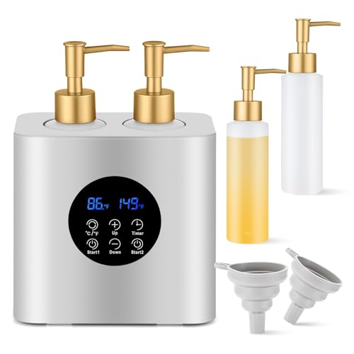 Massage Oil Warmer Heater with 4 Massage Oil Bottles and 2 Funnels,Adjustable Temp (86?149¡ÆF)&Timer (0.5?24H) Lotion Warmer,Dual Bottle Heated Oil Dispenser for Spa, Salon & Home Use(Silver)