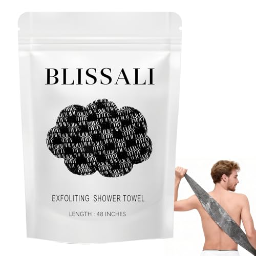 Blissal Exfoliating Shower Towel 47", Premium Scrub Wash Cloth for Body Face, Blissal exfoliating Towels-Body Scrubber with 2 Sides for All Skin Types (Black)