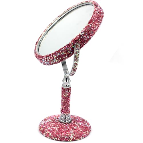 Bling Rhinestone Double-Sided Tabletop Makeup Mirror, Round Metal Makeup Mirror with 1:2 Magnifying Mirror, Rotating Mirror (Pink)