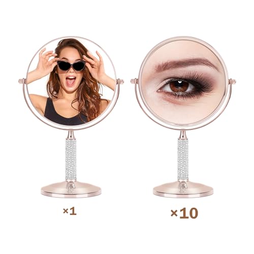 7"Rose Gold Glitter Diamond Rhinestone Makeup Mirror,360¡ÆRotate Round Tabletop Vanity Mirror Double Sided 1X/10X HD Undistorted Magnifying Mirror,Portable Vanity Women Gift (No Lamp Rose Gold)