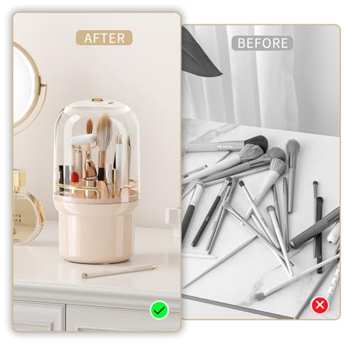 THE LIMIT 360 Degree Rotating Makeup Organizer Box, Dustproof Waterproof, 6 Compartments, Covered Brush Holder, Moisture-Proof, Fits Long Makeup Products, Easy Storage, Large Capacity (Pink)