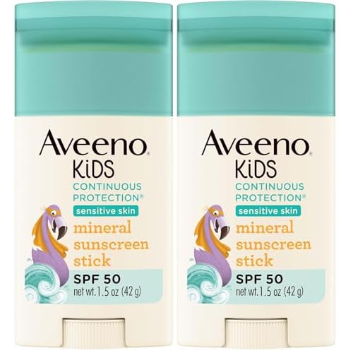 Aveeno Kids Continuous Protection Zinc Oxide Mineral Sunscreen Stick for Sensitive Skin,Face & Body Sunscreen Stick for Kids with Broad Spectrum SPF 50,Sweat- & Water-Resistant,1.5 oz,(Pack of 2)