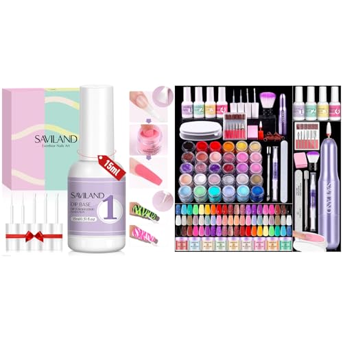 Saviland Dip Powder Base: Vitamin E Ultra Adhesive Dip Foundation Coat for Refill and Dip Powder Nail Kit with Drill - Starter Set 30 Colors Keratin Dip Nails Powder Professional with Dip Liquid Set