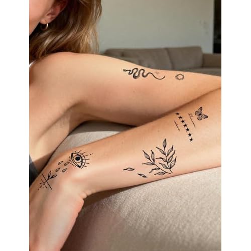 Semi Permanent Tattoos, 2 Sheets Realistic Small Temporary Fake Tattoo for Women Fingers Hand Calf, Waterproof No Reflective, Lasts 1-2 Weeks (Evil Eye Leaf Snake Butterfly Star Mix)