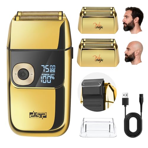 DSP¢ç Bald Shaver for Men Shavers for Men 2 in1 Barber Shaver with Precision Trimmer 3-Speed Electric Razor with LED Digital Display Stainless Steel (Gold)