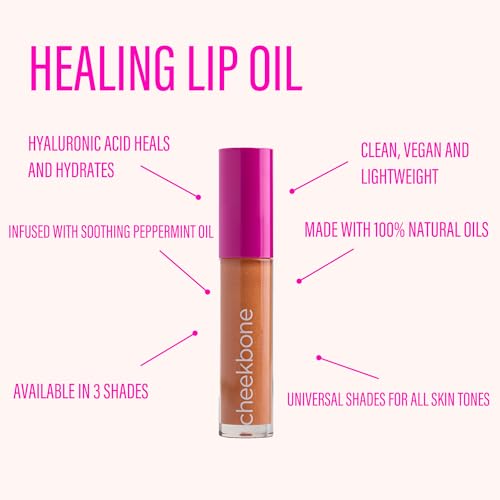 Cheekbone Calm Healing Lip Oil, Hydrating Lip Treatment with Hyaluronic Acid, Peach extract and Peppermint Oil, Non-Sticky Gloss Finish, Vegan & Cruelty-Free, 0.15 fl oz.