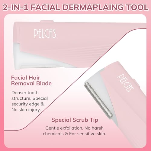 PELCAS Electric Dermaplaning Tool Kit for Women Face with LED Light, Facial Mini Dermaplaning Razor with 6 Blades, 3 Speeds 2 in 1 Facial Peach Fuzz Hair & Exfoliation Removal System at Home BV18-712