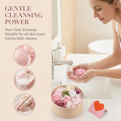 Rose Soap Petals Gift Set - Floral Scented Bath Soap with Essential Oils in Decorative Flower Box, Valentine Soap & Flower Soap for Women, Perfect for Valentine's Day, Christmas & Home Decor (Pink)