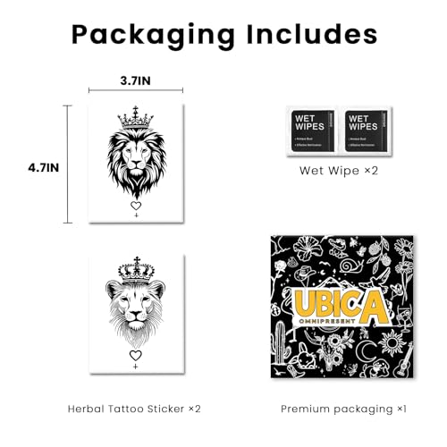 Semi Permanent Tattoos, 2 Sheets Tiny Realistic Temporary Tattoos for Women Men Arm, Fake Tattoo for Party, Waterproof No Reflective, Lasts 2 Weeks (Regal Crown Lion-Head Couple Designs)
