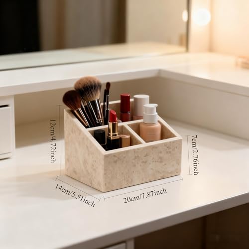 Marble Desk Organizer with 3 Compartments Perfume Organizer & Makeup Brush Holder Toothbrush Holder and Bathroom Counter Organizer White Purple Pattern Modern Design (Beige)