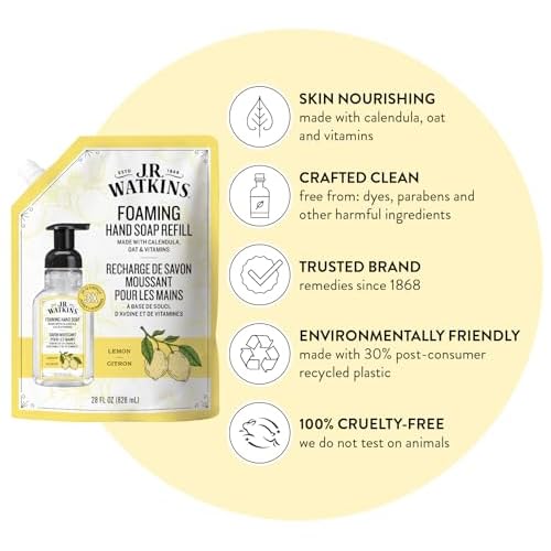 J.R. Watkins Foaming Hand Soap Refill, Moisturizing Foam Hand Wash, Formulated with Plant-Based Cleansers, Alcohol-Free, Cruelty-Free, Lemon, 28 fl oz, 2 Pack