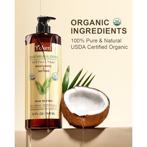 Organic Glycerin Vegetable Glycerine 32 fl oz USDA Certified, Liquid Glycerol, Glicerina Vegetal, No Palm Oil, Coconut-Derived, Natural Pure for Skin Face Hair, DIY Soap & Slime, Essential Oil Carrier
