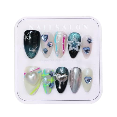 Press on Nails Handmade Nails Luxury Reusable Fake Nails For Girls Short Almond Armor Colorful Blue Diamonds HandPainted Salon Loveful Design Acrylic Gel UV Finished 3D Nails 10PCS (A074, L)