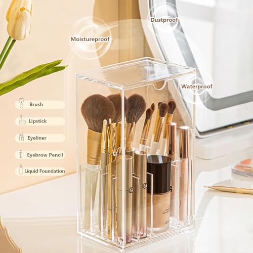 VORA Makeup Brush Holder, Clear Make Up Brush Holder Organizer with 17 Slots, Tilt Open Large Makeup Brush Holde with Lid, Acrylic Makeup Organizer for Vanity Decor Office Home