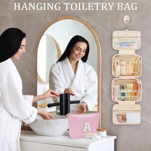 YOOLIFE Initial Hanging Toiletry Bag for Teen Girl - Birthday Gifts for 11 12 13 14 15 16 17 18 19 Year Old Girls, Travel Toiletry Bag Gifts for Mom Daughter Sister Friends, Letter A, Pink