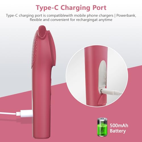 Silicone Face Scrubber, Waterproof Rechargeable Facial Cleansing Brush, 5 Cleansing Modes with Nose Brush for Women & Men Electric Facial Tool for Deep Cleaning Exfoliating, Massaging Berry