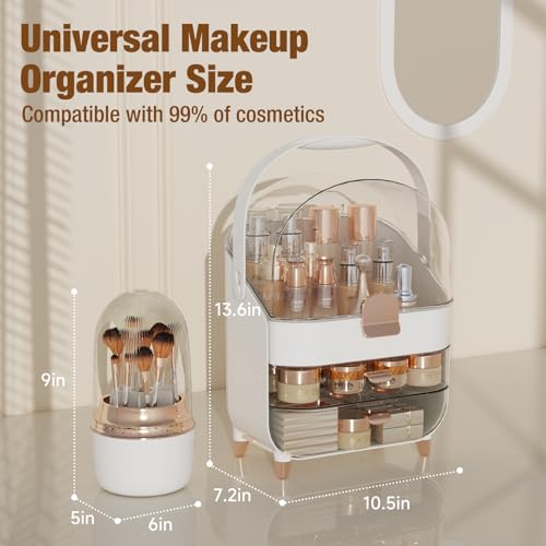 Makeup Organizer Countertop & 360¡Æ Rotating Makeup Brush Holder, Skincare Holder with Lid and Drawers, Storage Box Cosmetic Display Cases, Teen Girl Gifts, Vanity, Bathroom Counter,Rose Gold