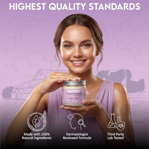 Beef Tallow for Skin, Whipped Beef Tallow Balm for Face & Body with Shea Butter and Lavender Oil, Grass Fed Beef Tallow for Eczema, Dry Sensitive Skin and Rosacea 4 Oz (Vanilla Lavender)