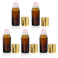 5 Pack Rose Quartz Roller Bottles for Essential Oils, 50ml Refillable Amber Glass Roll On Bottles with Natural Crystal Roller Balls, Leak-Proof Travel Perfume Bottle with Gold Caps