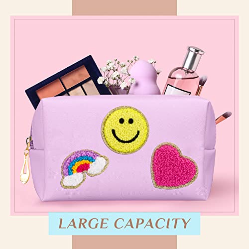 Sanwuta 12 Pcs Preppy Patch Makeup Bag Chenille Letters Cosmetic Bag PU Leather Preppy Organizer Small Smile Heart Toiletry Pouch Portable Waterproof Storage Purse Pouch for Women Adults