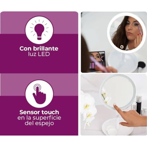 Beurer Illuminated 5X Vanity and Cosmetics Mirror, Touch Sensor Surface, Storage Tray, with Portable, Magnetic Magnifying Makeup Mirror, White LED Light and Dimmer, Cordless, 360¡Æ Rotation, BS45