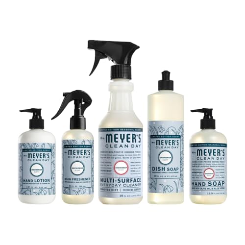 Mrs. MEYER'S Clean Day Snow Drop Scent Variety Pack, Liquid Hand Soap 12.5 OZ, Liquid Dish Soap 16 OZ, Multi-Surface Cleaner 16 OZ, Room Freshener 8 FL OZ, Hand Lotion 12 OZ, 1 CT