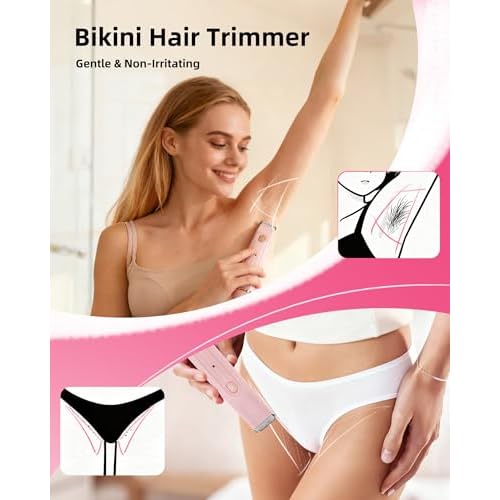 Bikini Trimmer for Women: Painless Body Hair Electric Razor - Dual Head All in 1 Versatile Shaver for Pubic Area, Leg and Face, Cordless and IPX7 Waterproof for Daily Personal Use, Pink