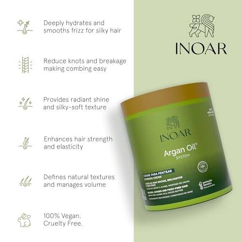 INOAR Argan Oil Combing Cream Creme de Pentear with Jojoba & Cocoa Butter for Deep Hydration & Smoothing, 17.6 Fl Oz
