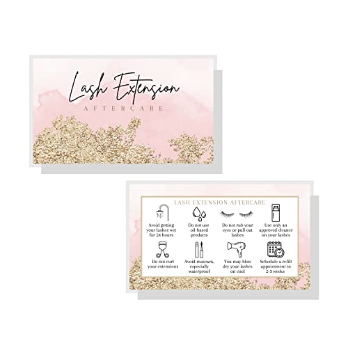 Lash Extension Aftercare Cards | 50 Pack | 2x3.5" inch Business Card Size | Eyelash Extension Supplies | Lash Aftercare | Pink Watercolor and Gold Design