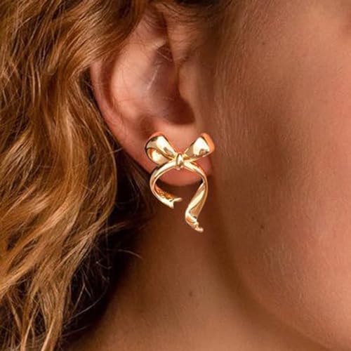 Doubnine BowKnot Earrings Gold Ribbon Stud Golden Bow Cute Christmas Wedding Jewelry for Women