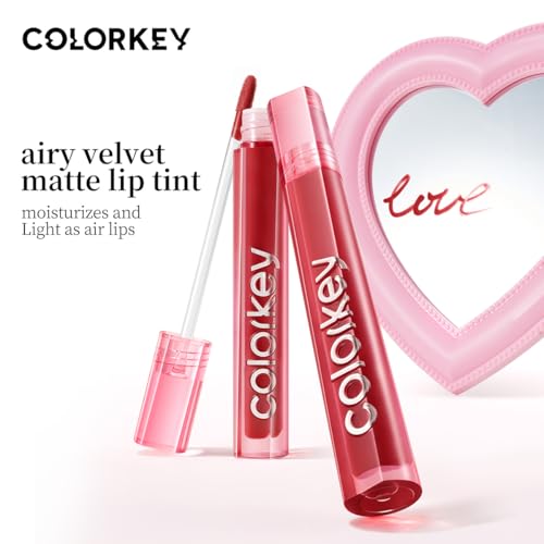 COLORKEY Airy Velvet Lip Tint, Matte Finishs, Longwear Rich Lip Colors, non-sticky, Creamy Soft Texture, Waterproof Lip Stain, Matte hydration, non-drying. Velvety finish (R666 Colorkey Red, 3g)