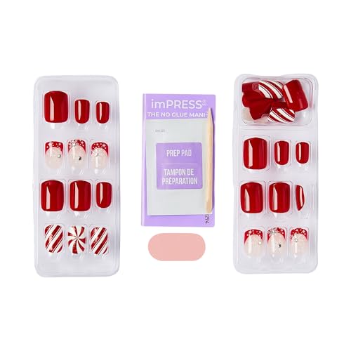 KISS imPRESS Holiday Press On Nails, ¡®Santa Baby¡¯, Red, Short Squoval, Improved Super Hold Adhesive, 30 Fake Nails, Prep Pad, Mini Nail File, & Manicure Stick