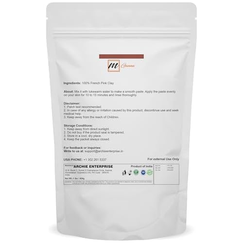 100% Natural French Pink Clay Powder/Rose Clay (One Pound) for DIY Facial Masks, Creams, Soft Peels and Scrubs, and Soap Making 1 LB / 454 GMS