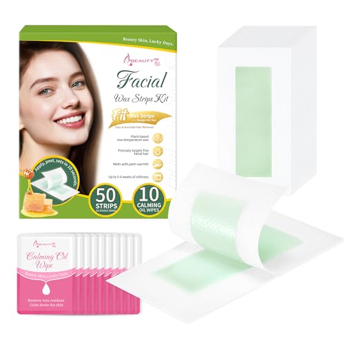 Beauty7 Facial Wax Strips-Eyebrow Wax Strips-50 Waxing Strips for Face, Lip,10 Calming Oil Wipes, Ready Use At Home Waxing Kit for All Skin Types