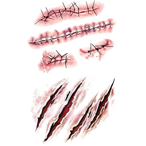 20 Sheets Halloween Body Face Scar Realistic Temporary Tattoos Stickers Horror Realistic Waterproof Fake Bloody Wound Stitch Stickers Makeup for Halloween Party Cosplay