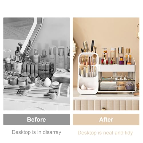 Makeup Organizer with Drawer, Skincare Products Perfume Desk Storage Box, Beauty Holder Rack for Lipstick Brush Eyeliner, Cosmetic Display Case for Dresser Countertop & Bathroom Vanity (White)