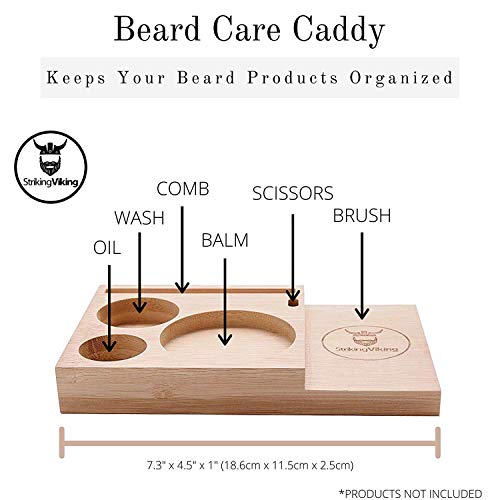 Striking Viking Bamboo Beard Kit for Men - 7.3 in x 4.5 in x 1 in - Portable Grooming Caddy Organizer for Beard Balm & Oil Products - With Scissors & Comb Brush Holder