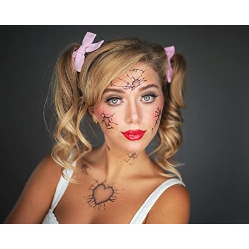 2 x Broken Doll Temporary Tattoo Halloween Costume for Men and Women, Adult, Face Sticker