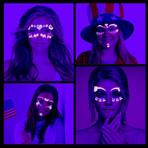 HOWAF 4th of July Temporary Tattoos-5 Sheets Glow Independence Day Face Tattoo 50+pcs Giltter USA Patriotic Tattoos Stickers, American Flag Red White Blue Tattoos Stickers for Face Body Decor
