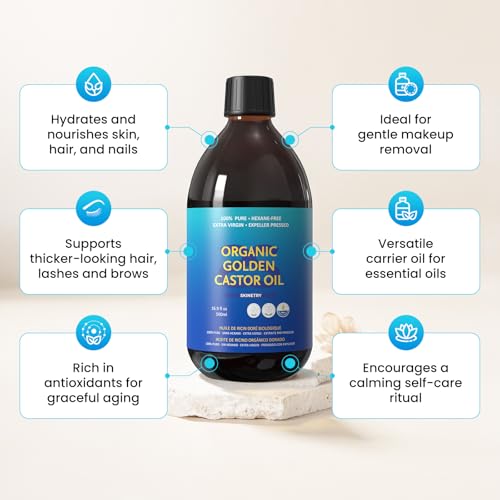 Organic Golden Castor Oil - 100% Pure for Hair, Skin, Nails, Brows & Lashes Deep Hydration & Smoothing Promotes Hair & Brow Growth Makeup Clean- Hexane-Free - USDA Certified [16.9oz (500ml)]