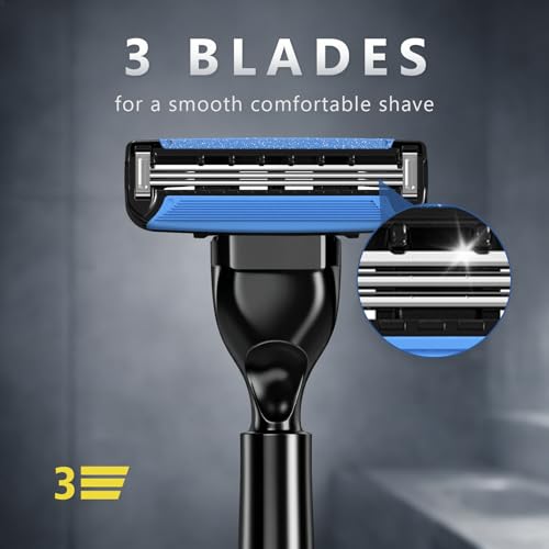 Men's Razor Blade Refills, 12 Count, 3-Layer Ceramic Coated Blades with Lubricating Strip, Matching Handle, Wall Hook & Cleaning Brush Included for Smooth Shaving