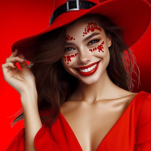 Face Gems - Self-Adhesive Jewels for Festival, Rave Party, Halloween Body Makeup - Glitter Tattoo Sticker, Rhinestone for Eyes, Face, Body (4 PCS RED)