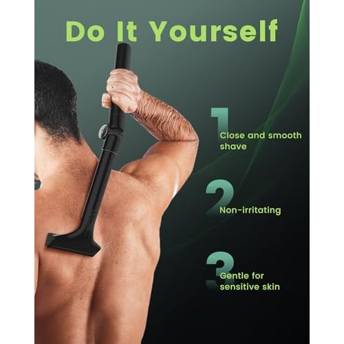 Back Shaver for Men, Manual Body Hair Trimmer with 4 Replaceable Wide Blades, Extendable Long Handle, 180¡Æ Adjustable Arm, Wet & Dry Use