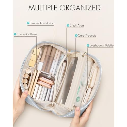 Vlando Makeup Bag,Large Capacity Toiletry Bag for Women Waterproof Portable Make up Pouch PU Leather Open Flat Cosmetic Bag(Baby Blue)