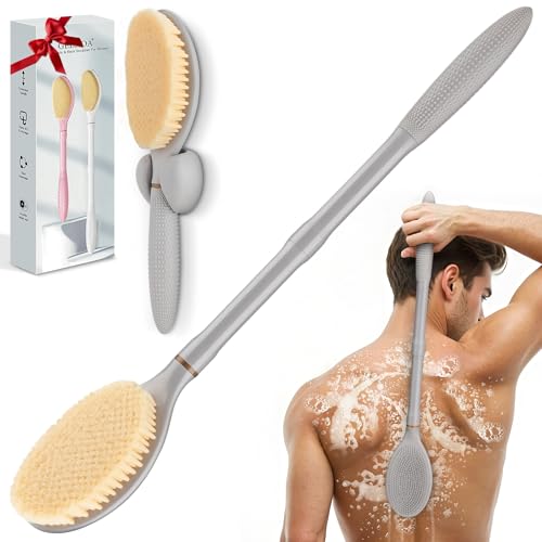 New Back Scrubber Anti-Slip for Shower, 18.9¡®¡¯ Adjustable Shower Back Scrubber with Dual-Side Head & Soft Bristles, Extra-Long Shower Brush Bath Brush for Lathering Cleansing(Gray-L)