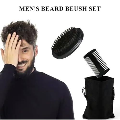 Portable Black Soft Bristle Hair Beard Brush and Comb Set