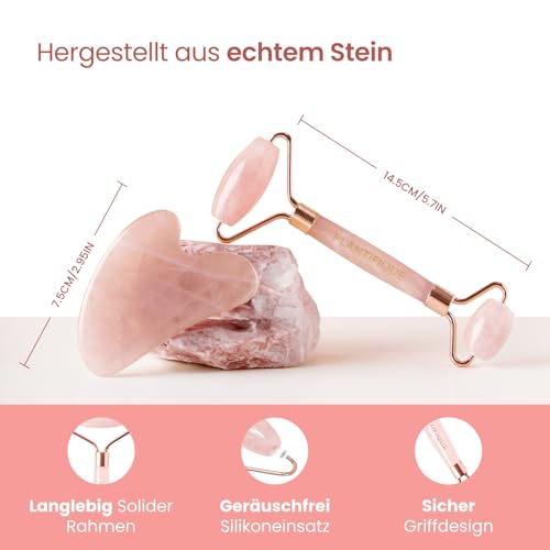 PLANTIFIQUE Rose Quartz Face Roller with Rose Quartz Gua Sha Set and Gold Under Eye Patches for Puffy Eyes and Dark Circles 20 Pairs Under Eye Masks for Dark Circles and Puffiness Eye