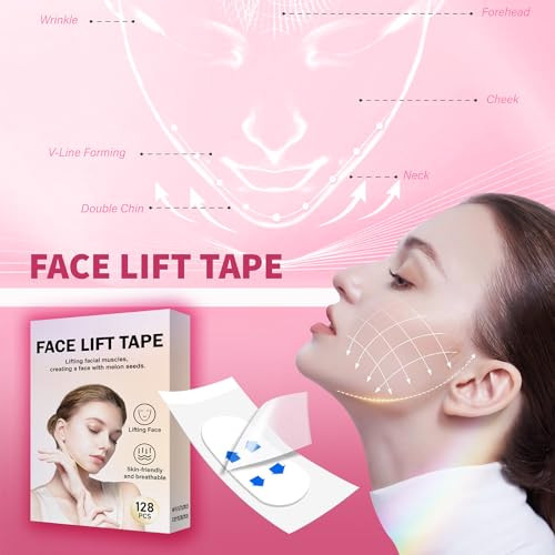 128PCS Face Lift Tape, Face Lift Tape Invisible, Face Tape Lifting Invisible, Face Tape Instantly Lifts Sagging Skin Around The Face, Hides The Double Chin and Creates A v-Shaped Face
