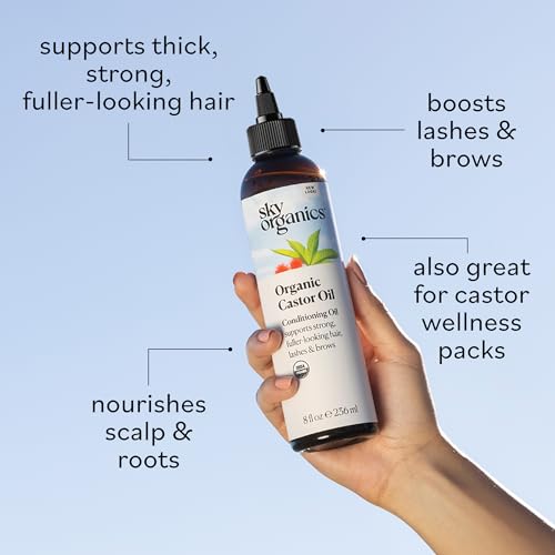 Sky Organics Castor Oil - USDA Certified Organic Hair Oil for Hair Growth, Skin, Face, Eyelashes - Cold Pressed & Hexane Free - Pure Organic Castor Oil Pack Wrap - Carrier & Hair Treatment Oil
